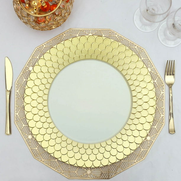 6 CLEAR GOLD 13" CHARGER PLATES Round Starburst Trim Wedding Party Decorations